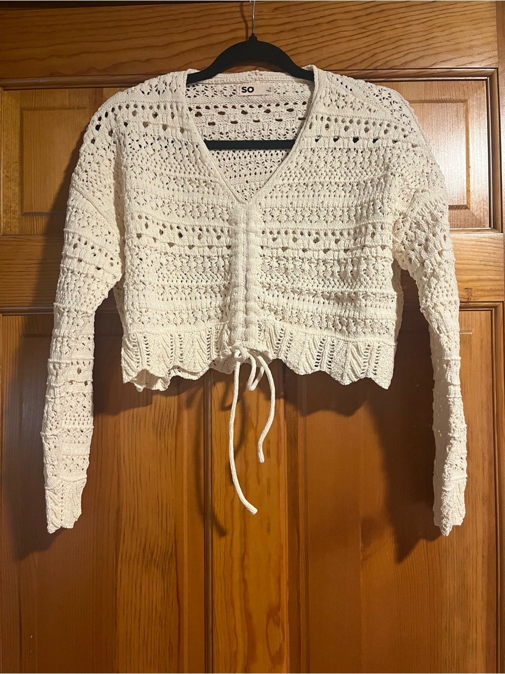 SO Ivory Crochet Open Knit Cropped Sweater Tie Front Size S